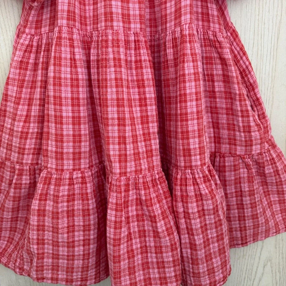 Old Navy Girls SS Tiered Swing Dress Size Plus XL 14-16 Pink Plaid Cottage Boho